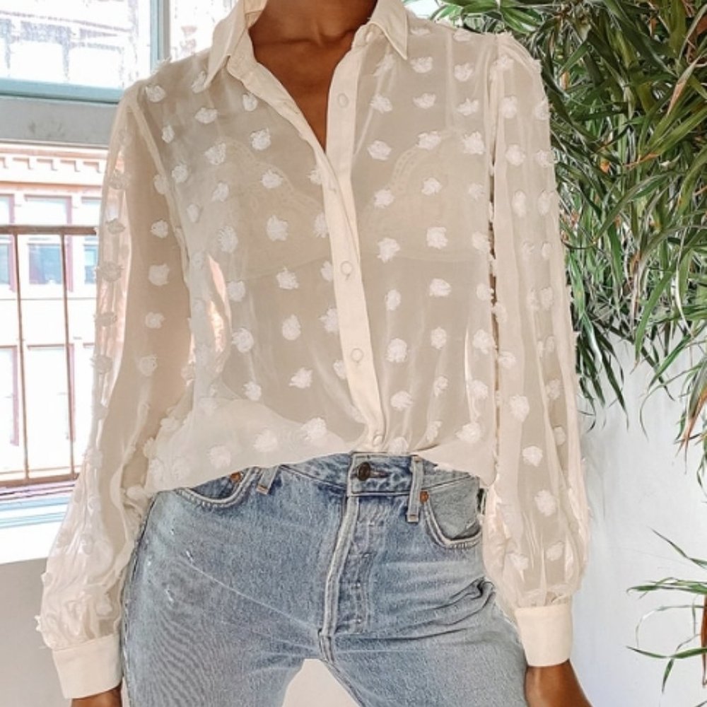 Secret Spot Cream Dotted Sheer Long Sleeve Button-Up Top